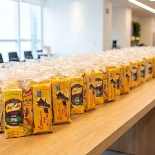 Fileira de kit lanches individuais organizados em bancada para distribuição em evento corporativo no Rio de Janeiro.