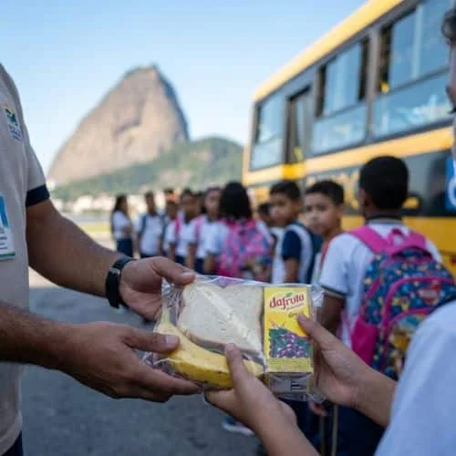Entrega de kit lanche individual lacrado para alunos em excursão no Rio de Janeiro.