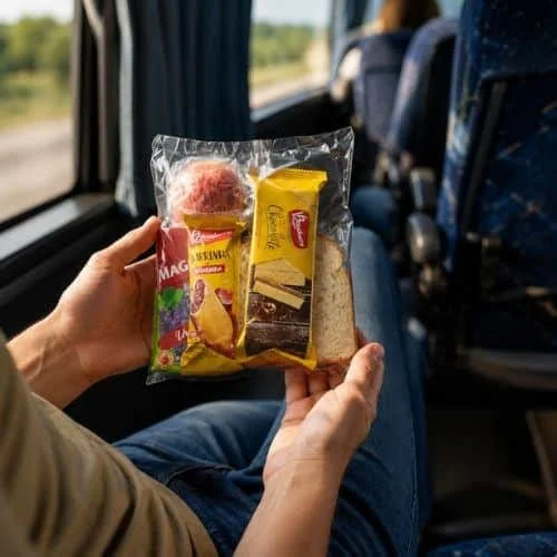 Mãos segurando kit lanche individual lacrado durante viagem de ônibus no Rio de Janeiro.